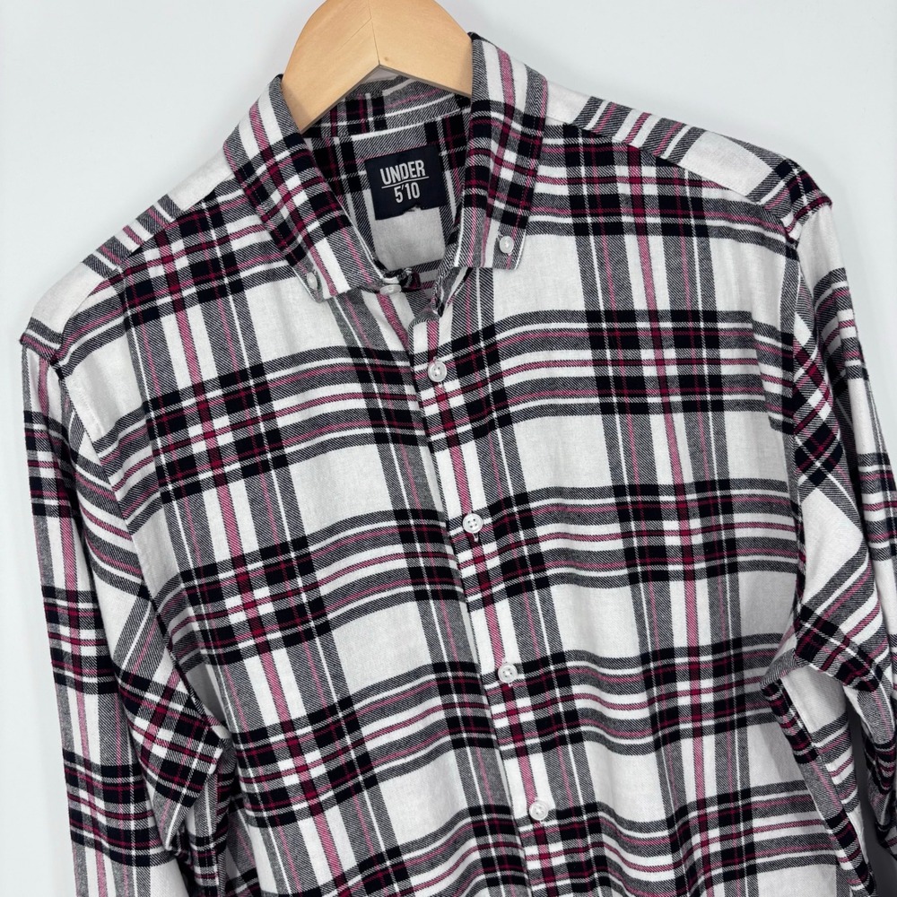 Under 5'10 Flannel Shirt Mens XL (Measured) White Black Red Plaid Workwear